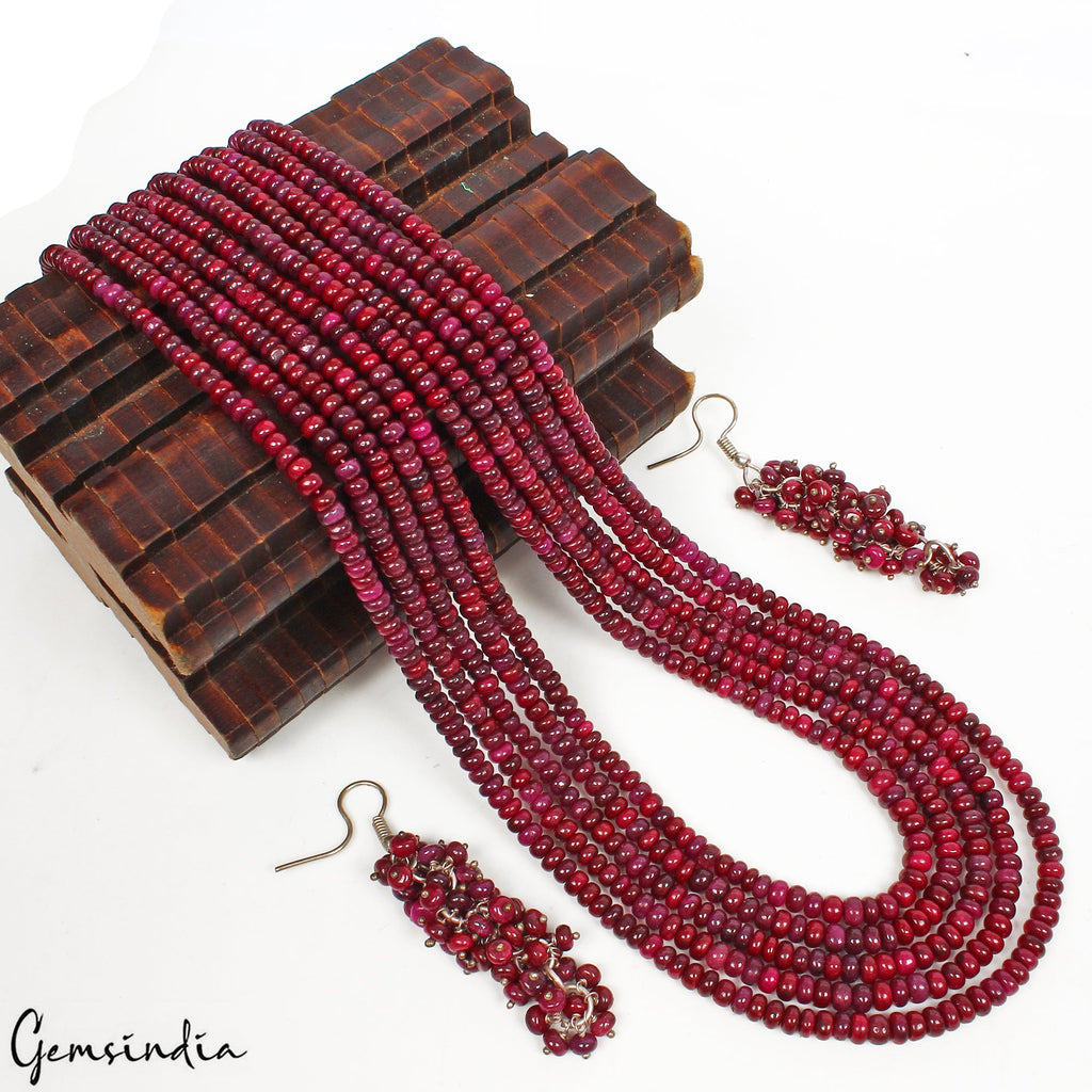 644.60 Ct Natural Red Ruby Round Cab Beaded 5 Strand Handmade Necklace & Earring