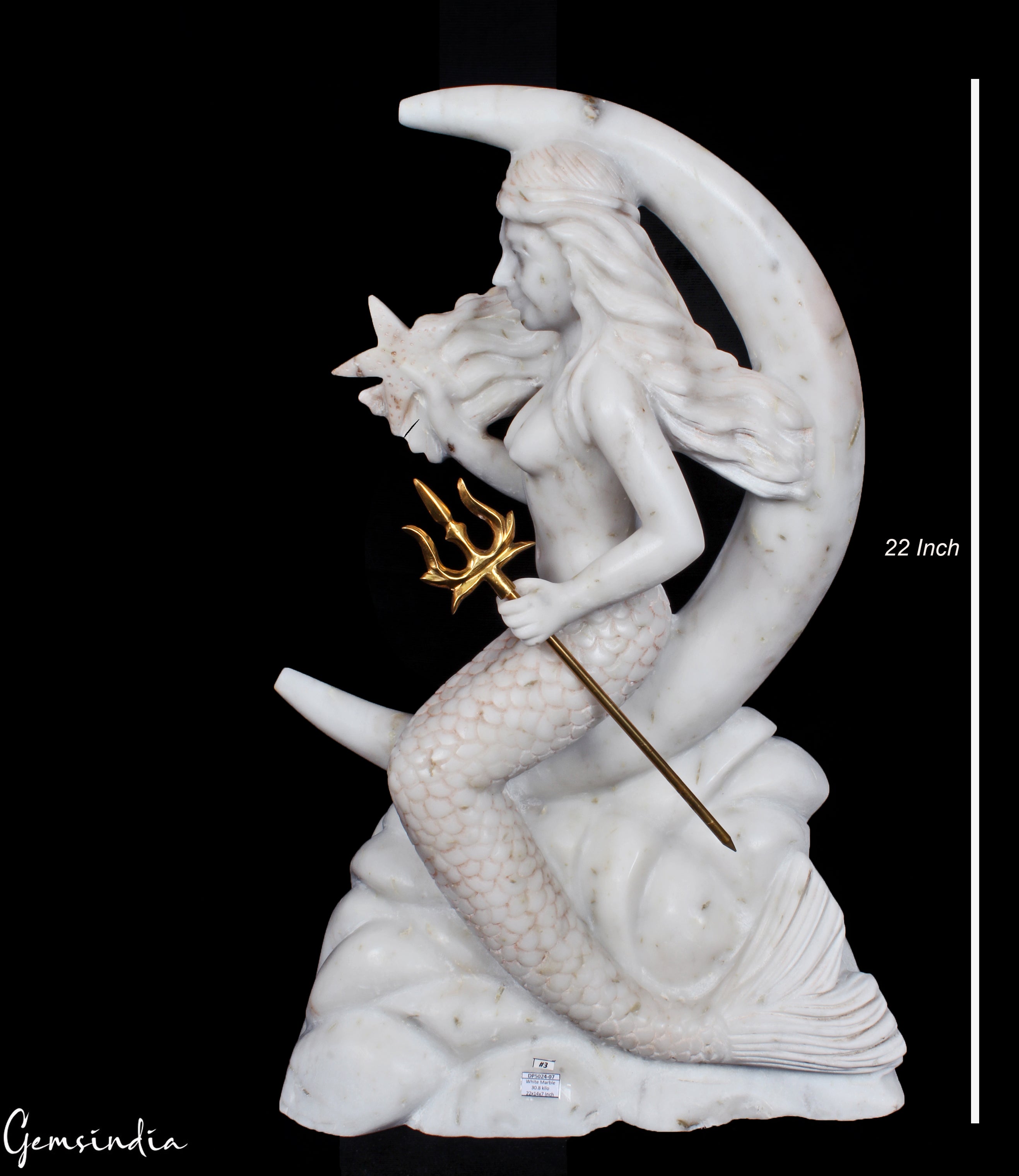 Beautiful Large White Marble Mermaid On The Moon Statue 22" tall Sculpture