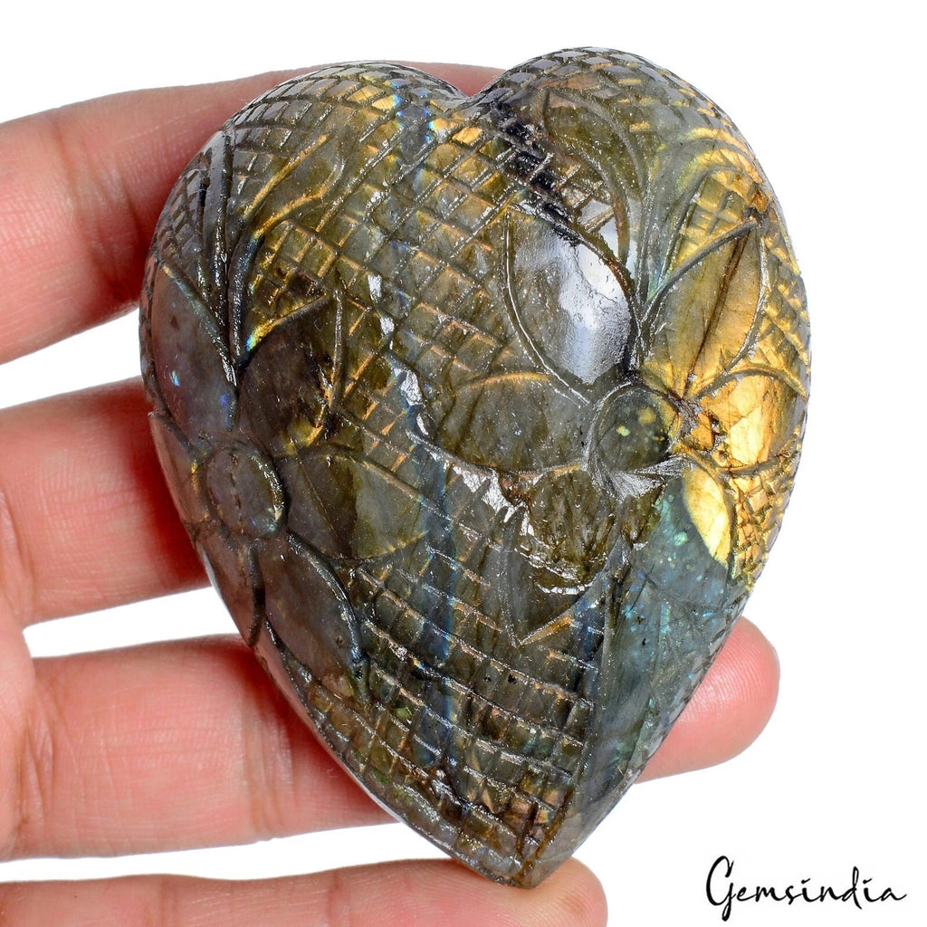 Natural Golden Fire Labradorite Hand Carved Heart Shape Certified Gem~1030 Cts
