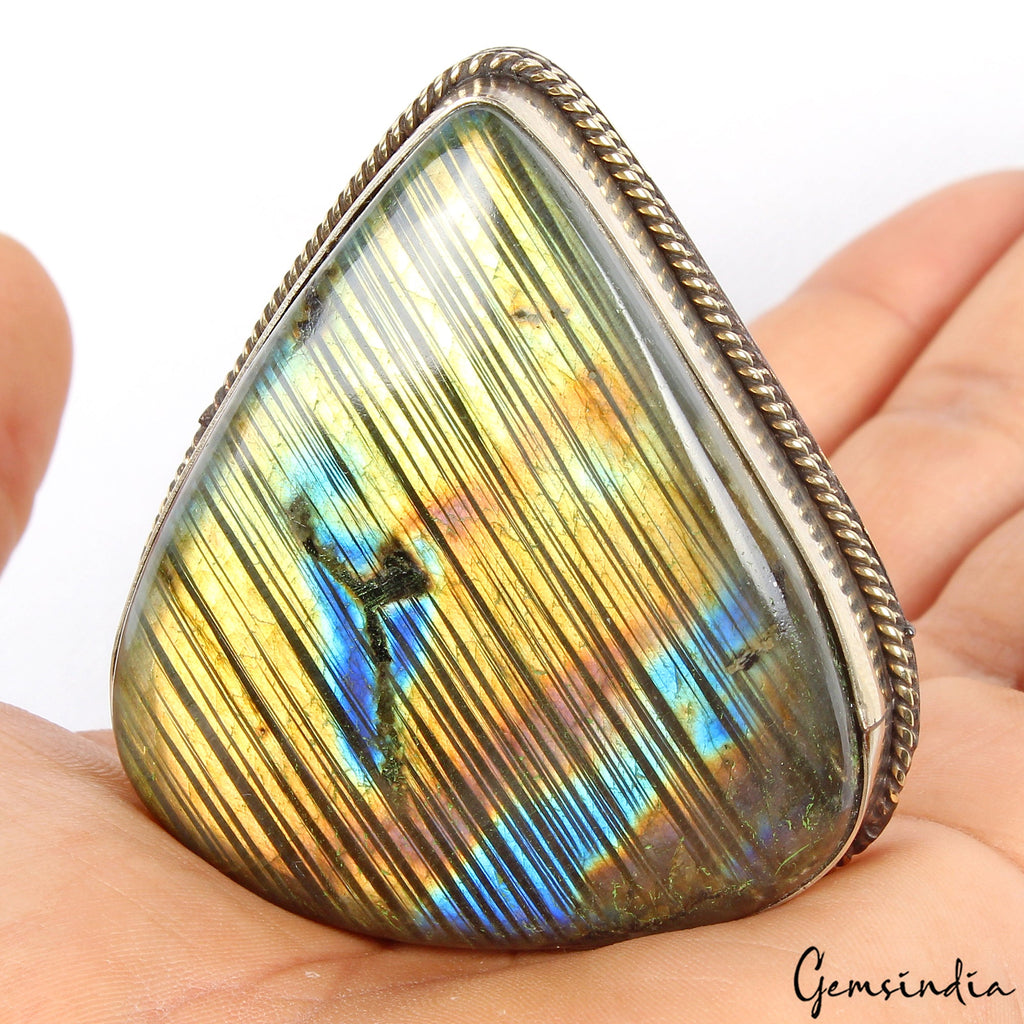 Multi Fire Labradorite Gemstone Silver Handmade Jewelry Belt Buckle ~82 gm/2.5"