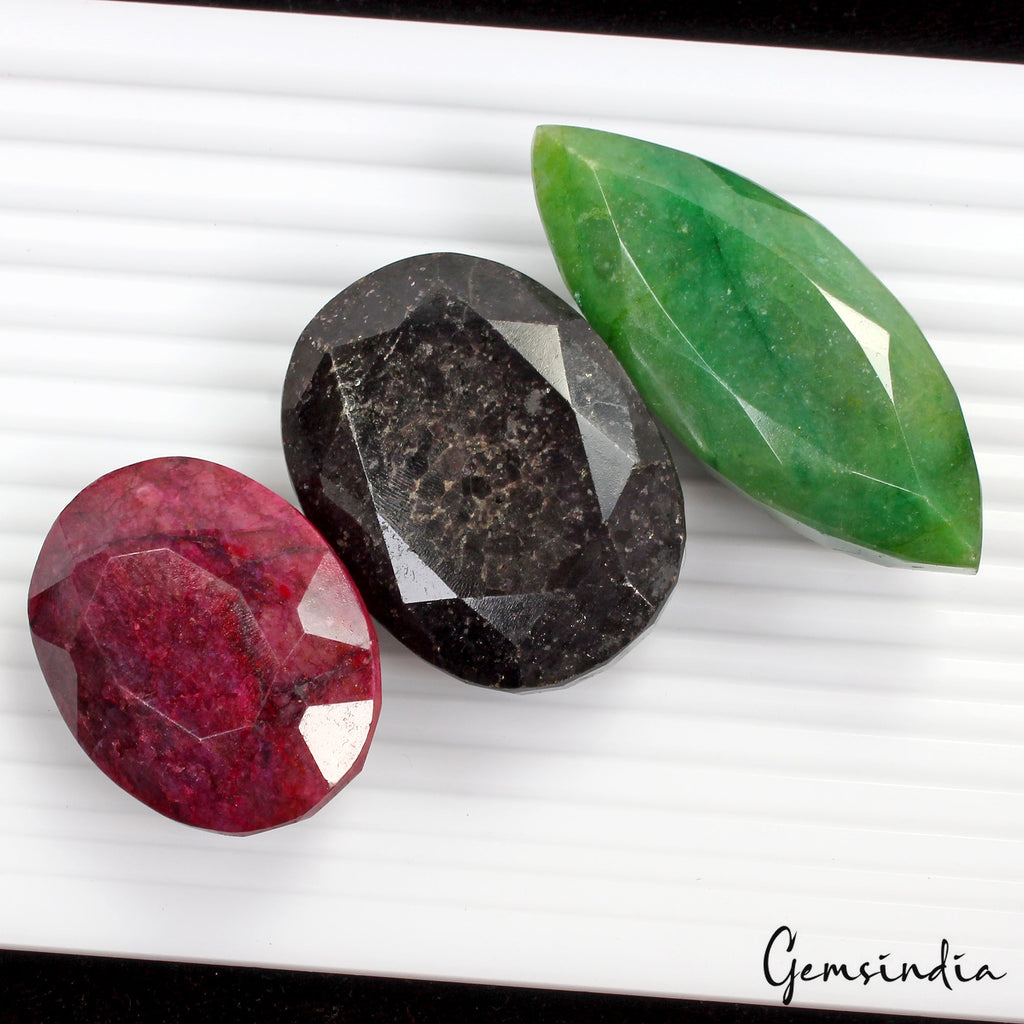 1300 Ct 3 Pcs Natural Multi Color Emerald Ruby Sapphire Mixed Cut Loose Gem Lot