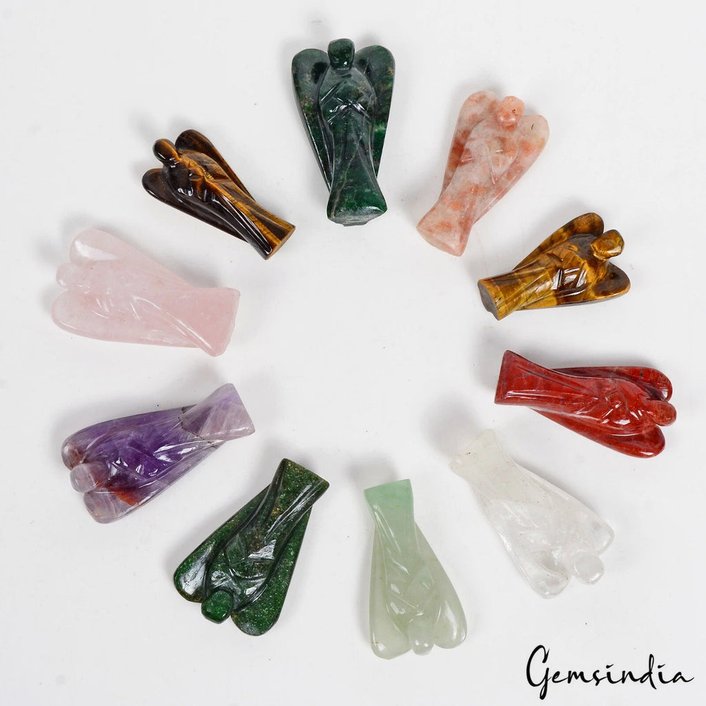 10Pc Healing Crystal Carved Pocket Gemstone Guardian Peace Angel Figurines Reiki