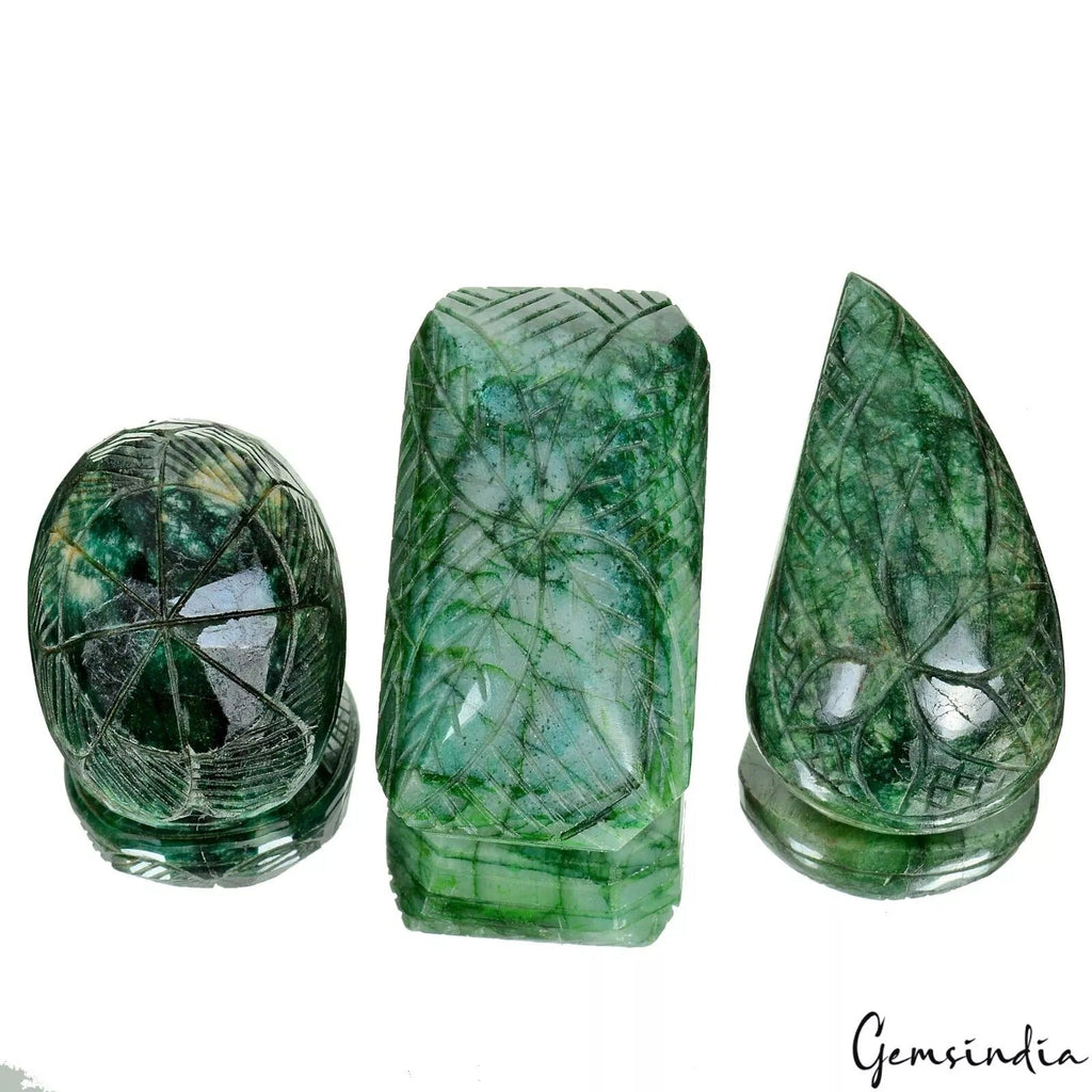 1050 Ct/3Pcs Natural Brazilian Green Emerald Mix Cut Both Side Carved Loose Gems