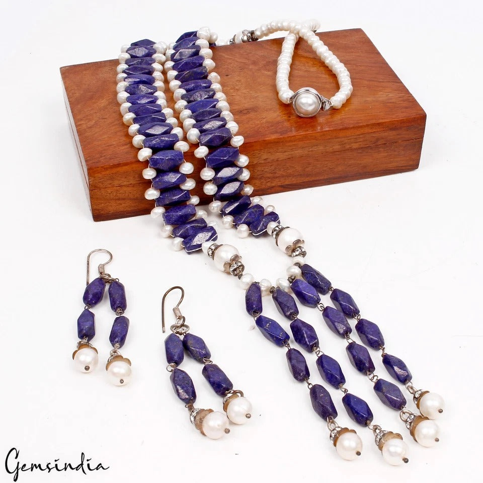 485 Ct Lapis Lazuli & Freshwater Pearl Beaded Handmade 25" Necklace w/ Earrings