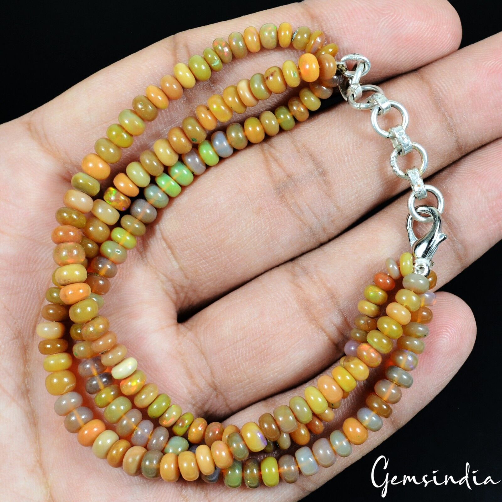 59+Cts Natural Ethiopian Multi Color Opal Gem Round Beads 3 Strand Bracelet-7.5"