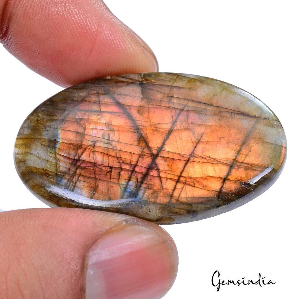58.70 Ct Natural Peach Pink Yellow Labradorite Oval Cab Certified Loose Gems