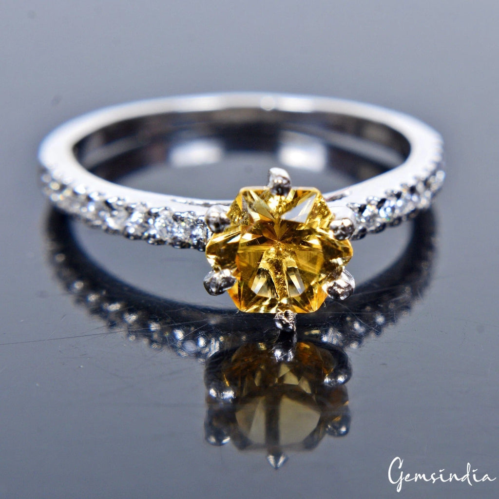 1.98 gm Natural Yellow Citrine Hexagon Cut Gem 925 Sterling Silver Ring ~7.25 US