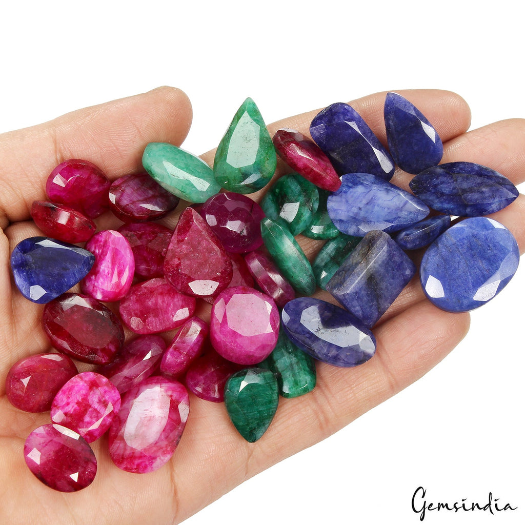 620 Cts/38 Pc Natural Red& Blue Beryl Green Emerald Mixed Cut 16-26mm Loose Gems