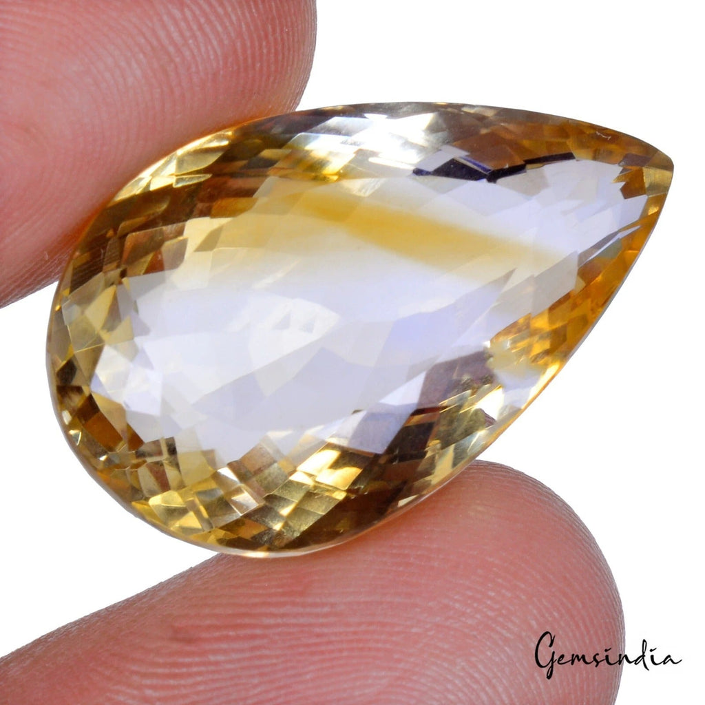 Certified 32.65 Cts Natural Untreated Brazilian Yellow Citrine Pear Cut Rare Gem