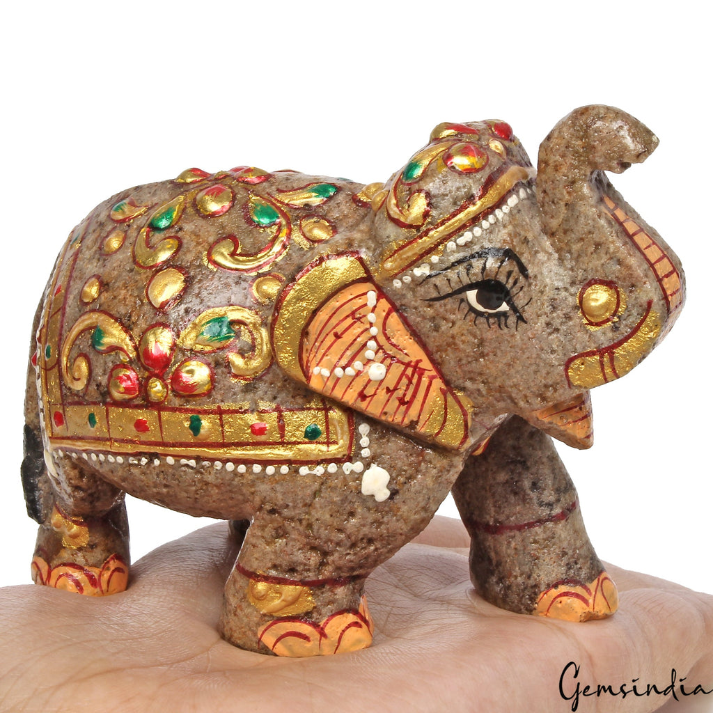 1250Ct Natural Agate Gemstone Hand Crafted Gold Painted Trunk Up Elephant Statue