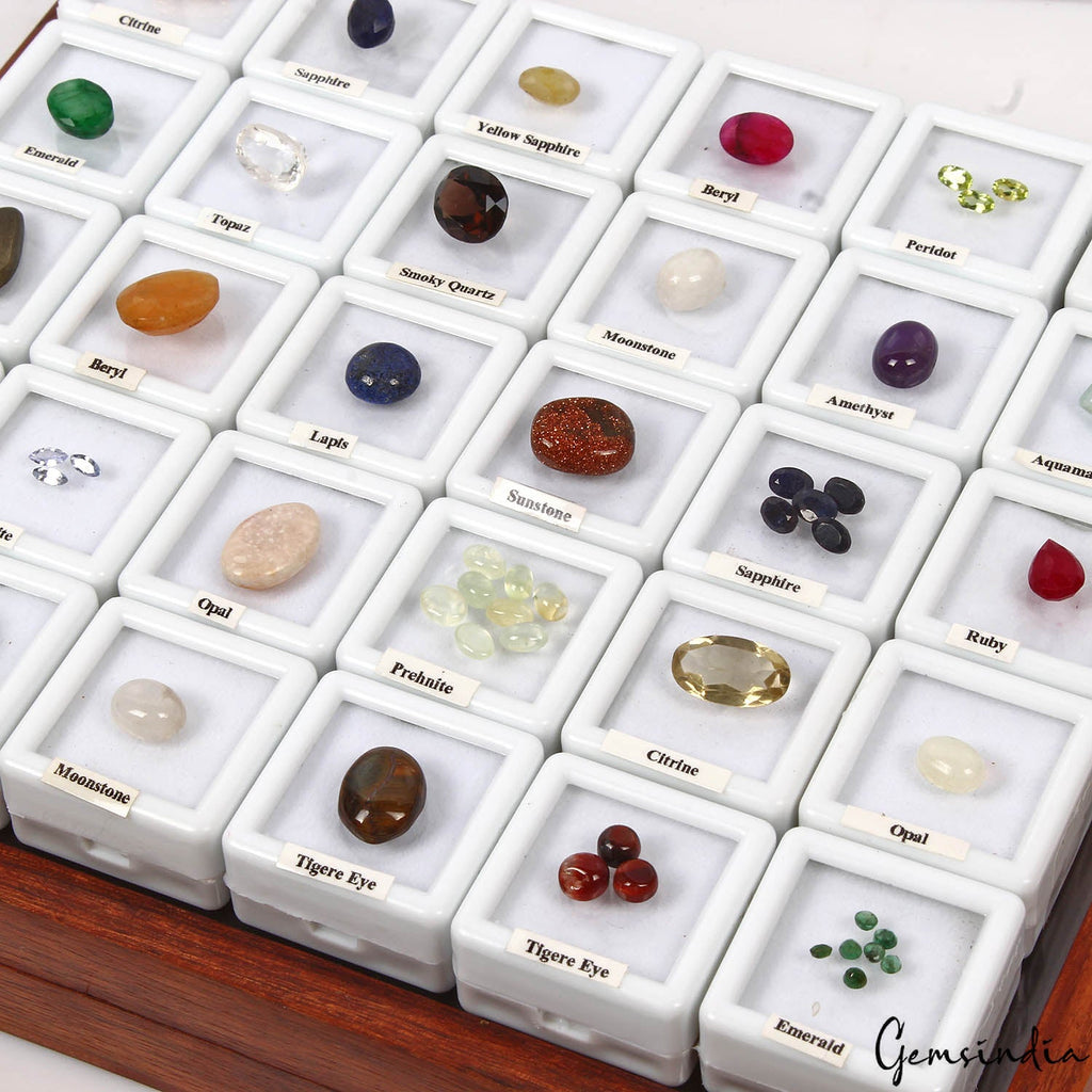 53 Pcs Estate Genuine Semi Precious Loose Multi Color Gems Collection+Wooden Box