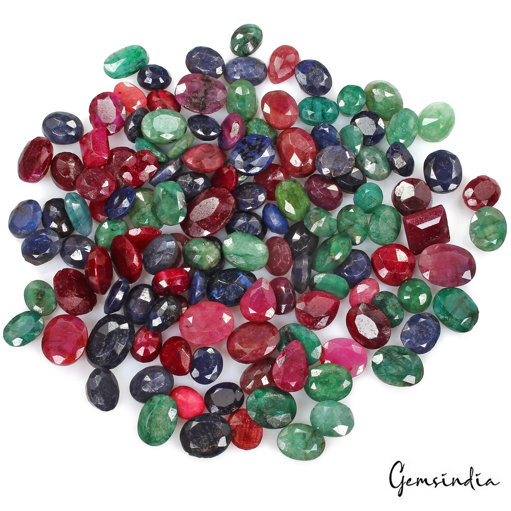 340 Ct/130 Pc Natural Multi Color Emerald Ruby Sapphire Mix Cut Gems For Jewelry