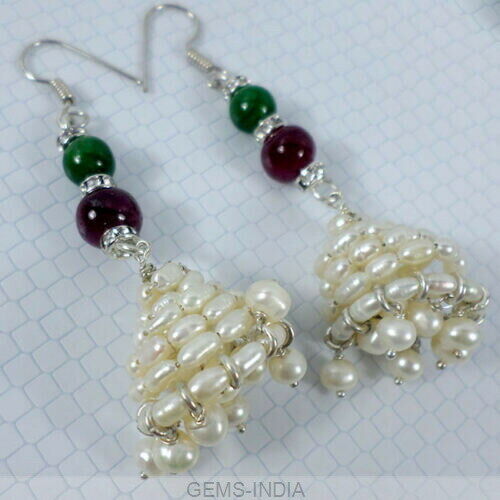 3"Long Pearl & Ruby Emerald Handmade Pair Of Earring Silver Earwire~77.60 Cts