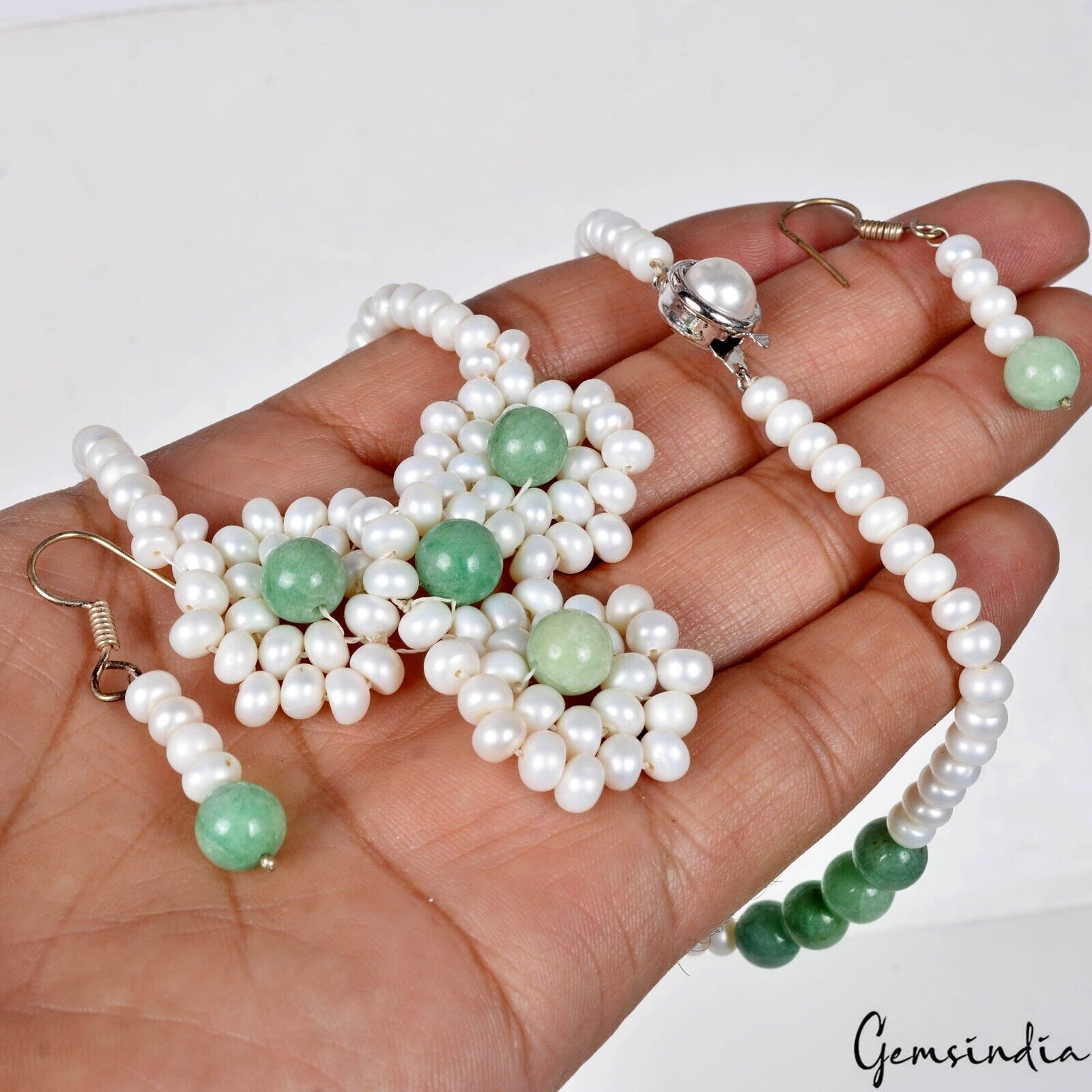 200 Cts Freshwater Pearl Green Emerald Gems Beaded Handmade Necklace & Earring
