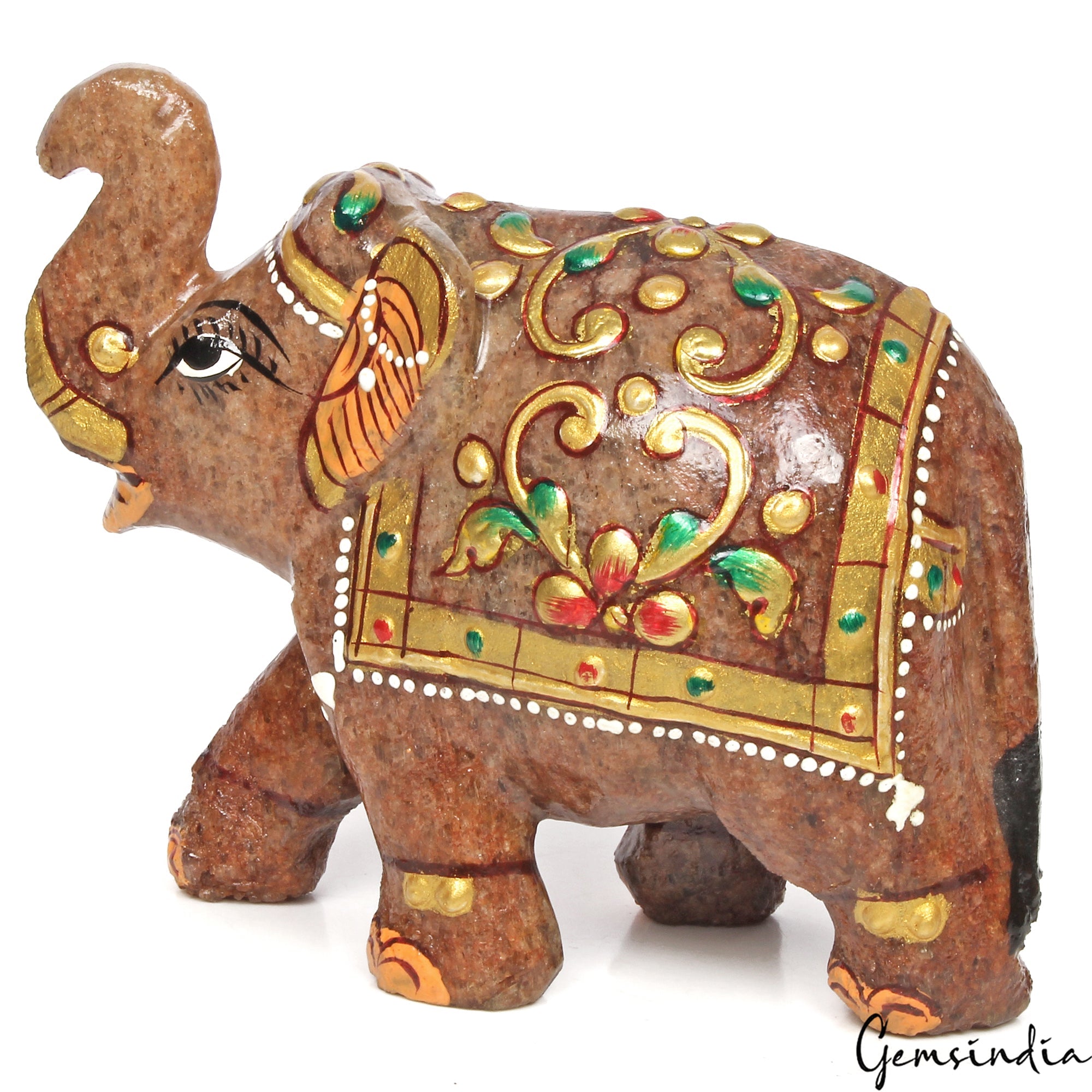 Hand Crafted 1520 Cts Natural Aventurine Trunk Up Elephant Sculpture/Home Decor