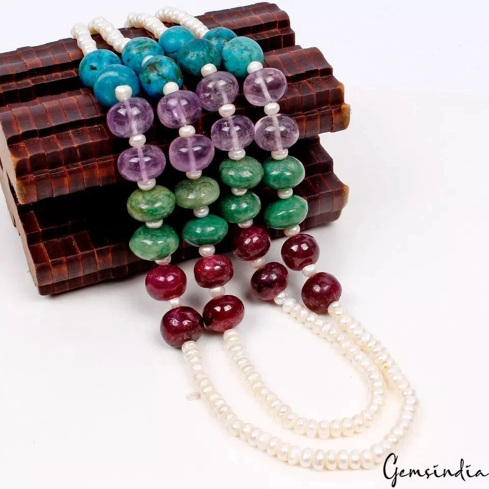 715 Ct Natural Multi Color Gems Round Beaded Double Strand Handmade Necklace 24"