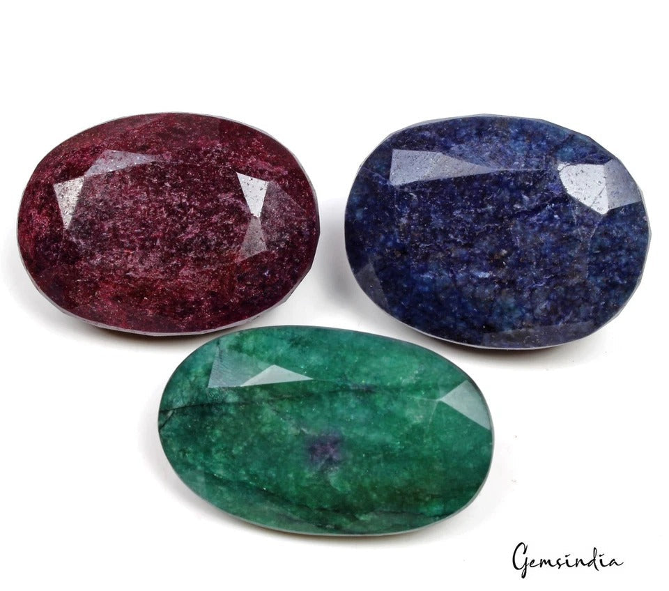 1820 Ct Natural Ruby, Sapphire & Emerald Oval Cut Loose Huge Gemstones 3 Pcs Lot