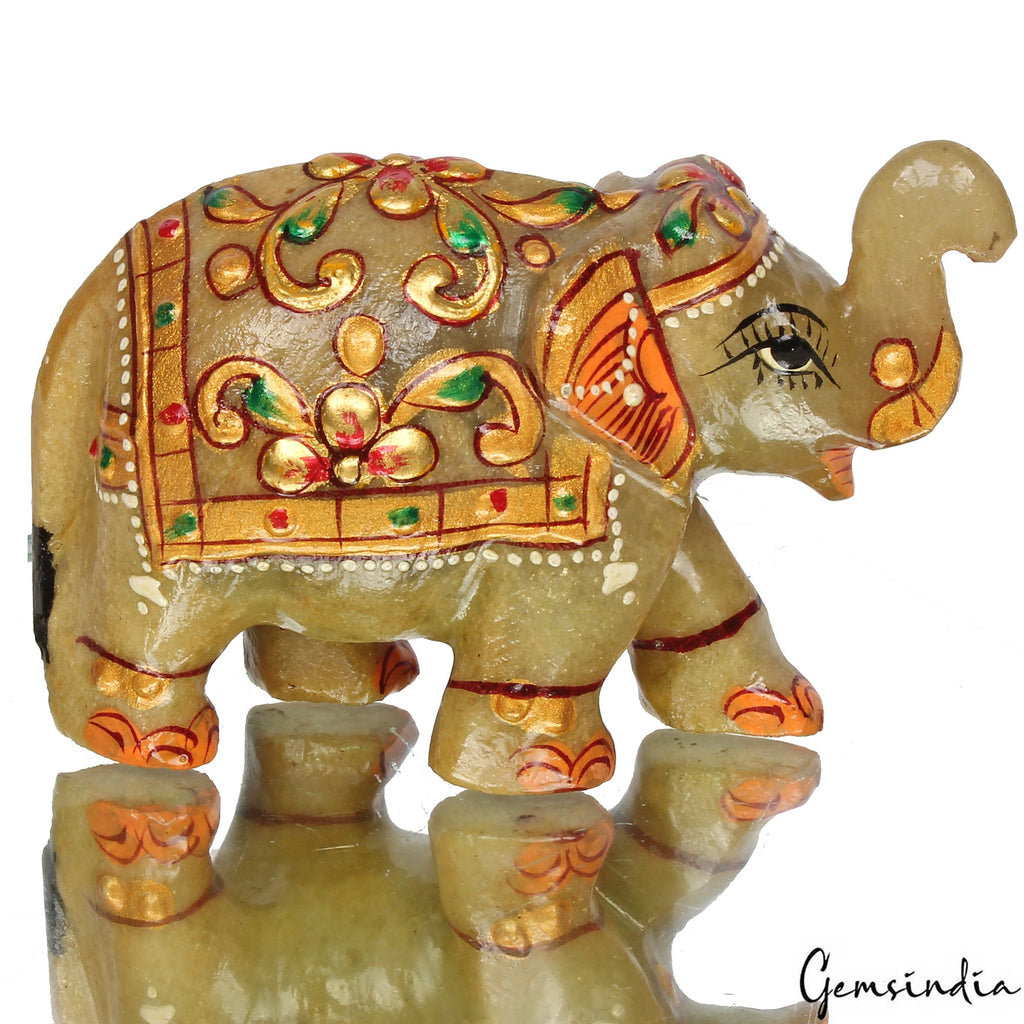 830 Ct Hand Crafted Gold Painted Trunk Up Elephant Natural Aventurine Sculpture