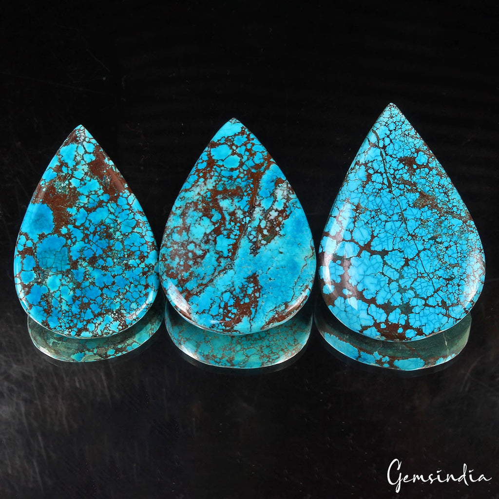 900 Cts/3 Pcs Natural USA Arizona Spiderweb Blue Turquoise Pear Cab Loose Gems