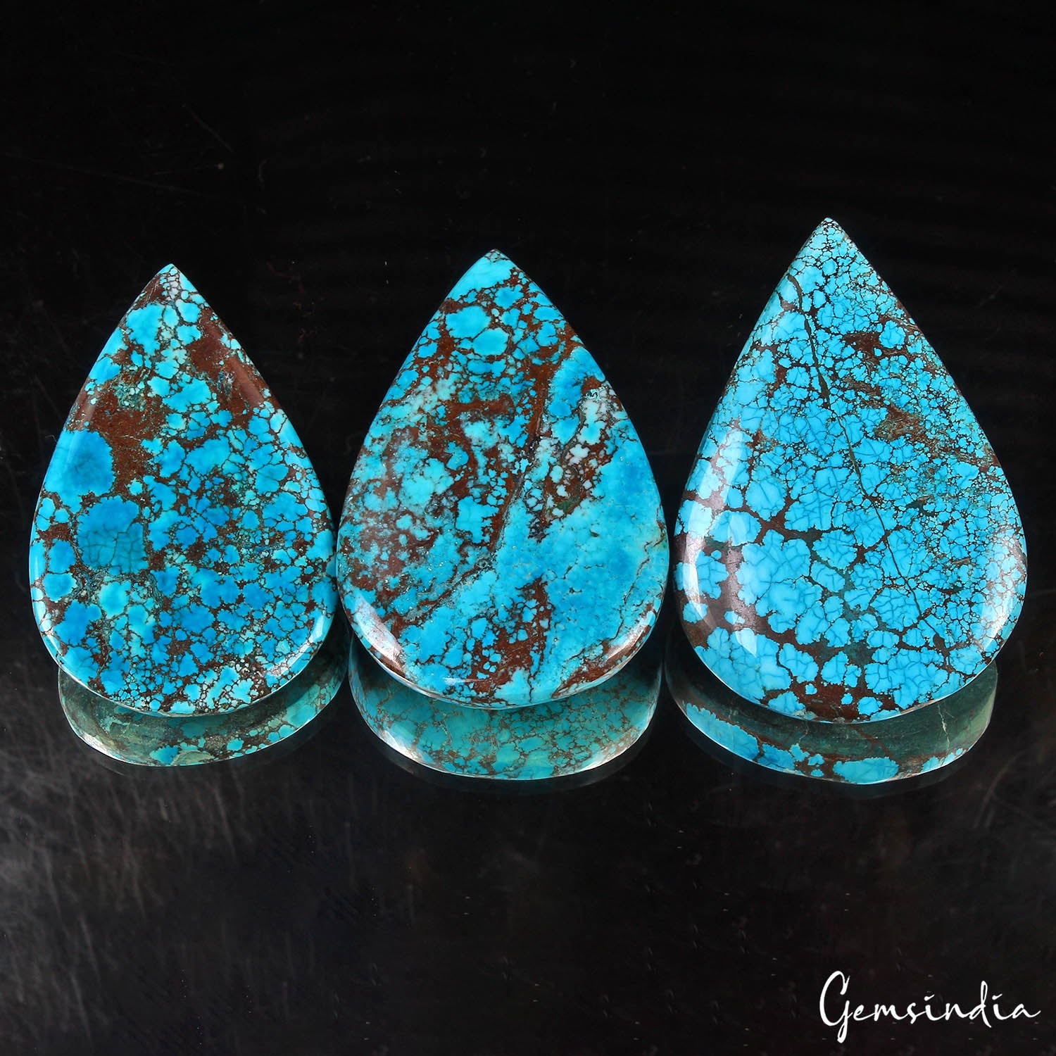 900 Cts/3 Pcs Natural USA Arizona Spiderweb Blue Turquoise Pear Cab Loose Gems