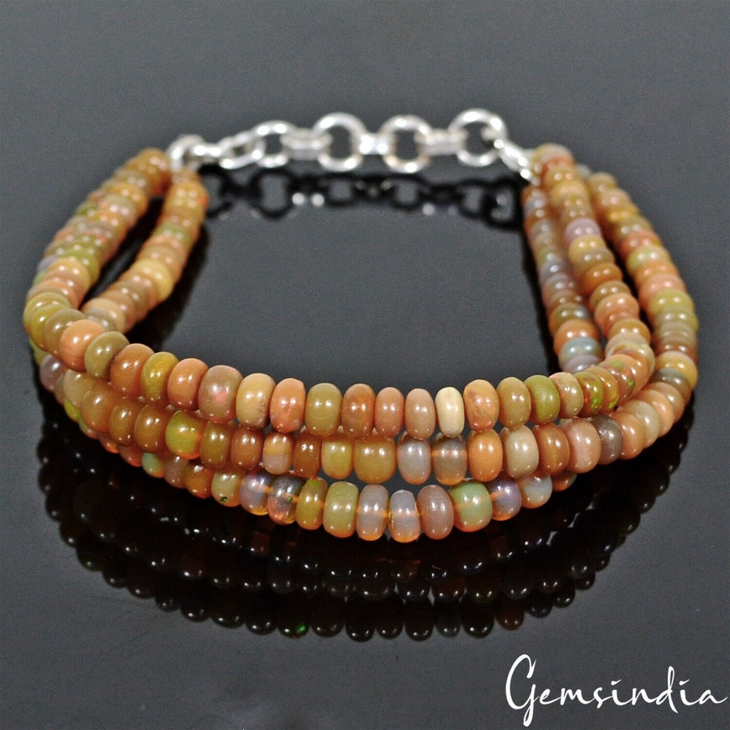 59+Cts Natural Ethiopian Multi Color Opal Gem Round Beads 3 Strand Bracelet-7.5"