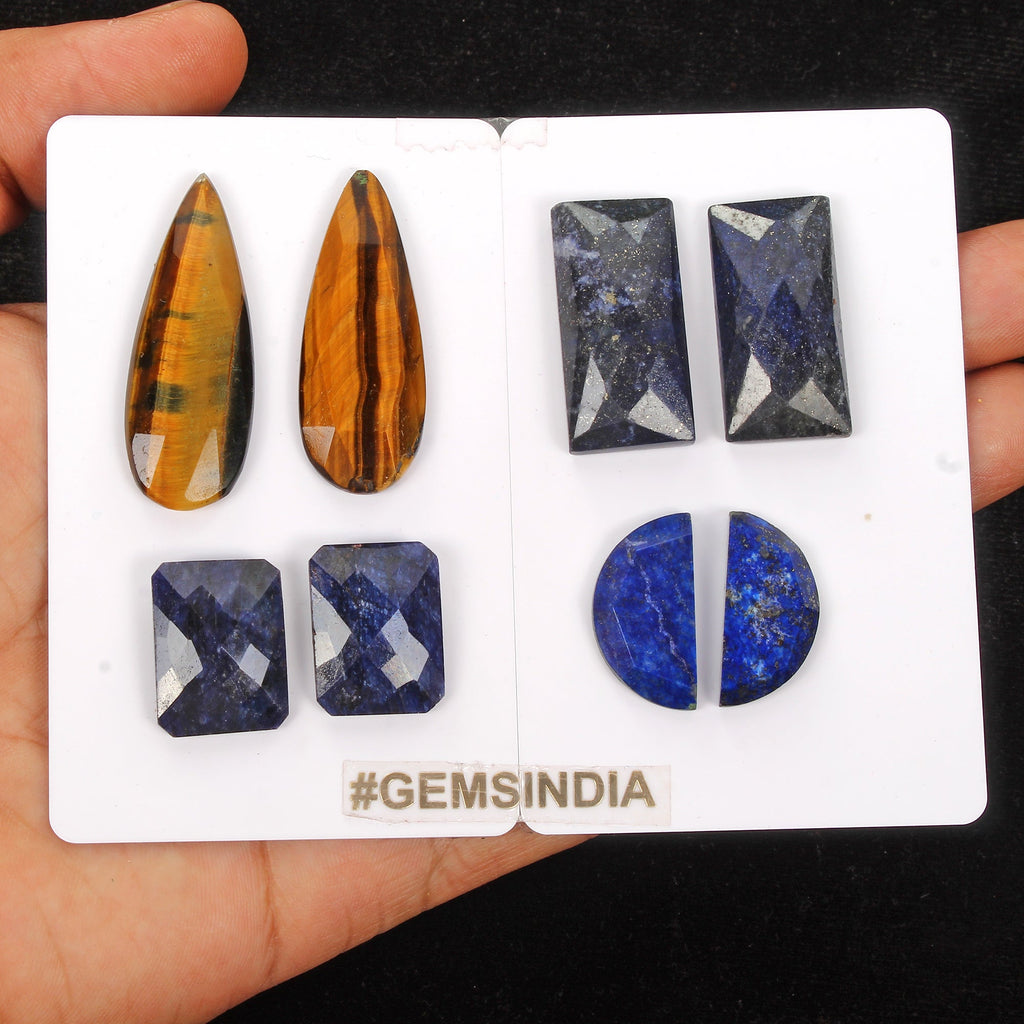 169.70 Ct/8 Pcs Natural Tiger Eye Lapis Lazuli Sapphire Mix Cut Gems 4 Pairs Lot