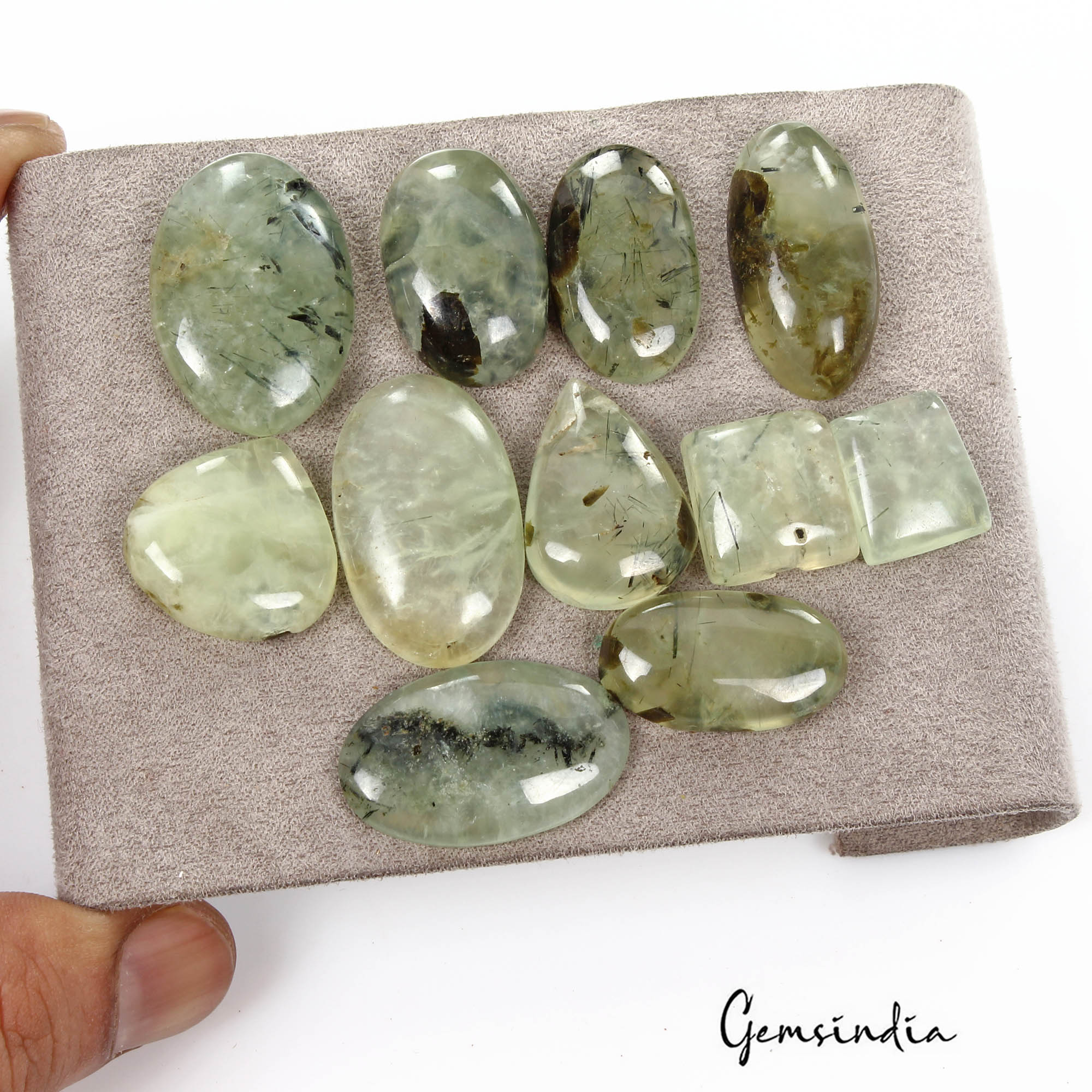 330 Ct/11 Pcs Natural Untreated Green w Black Needle Prehnite Mix Cab Loose Gems