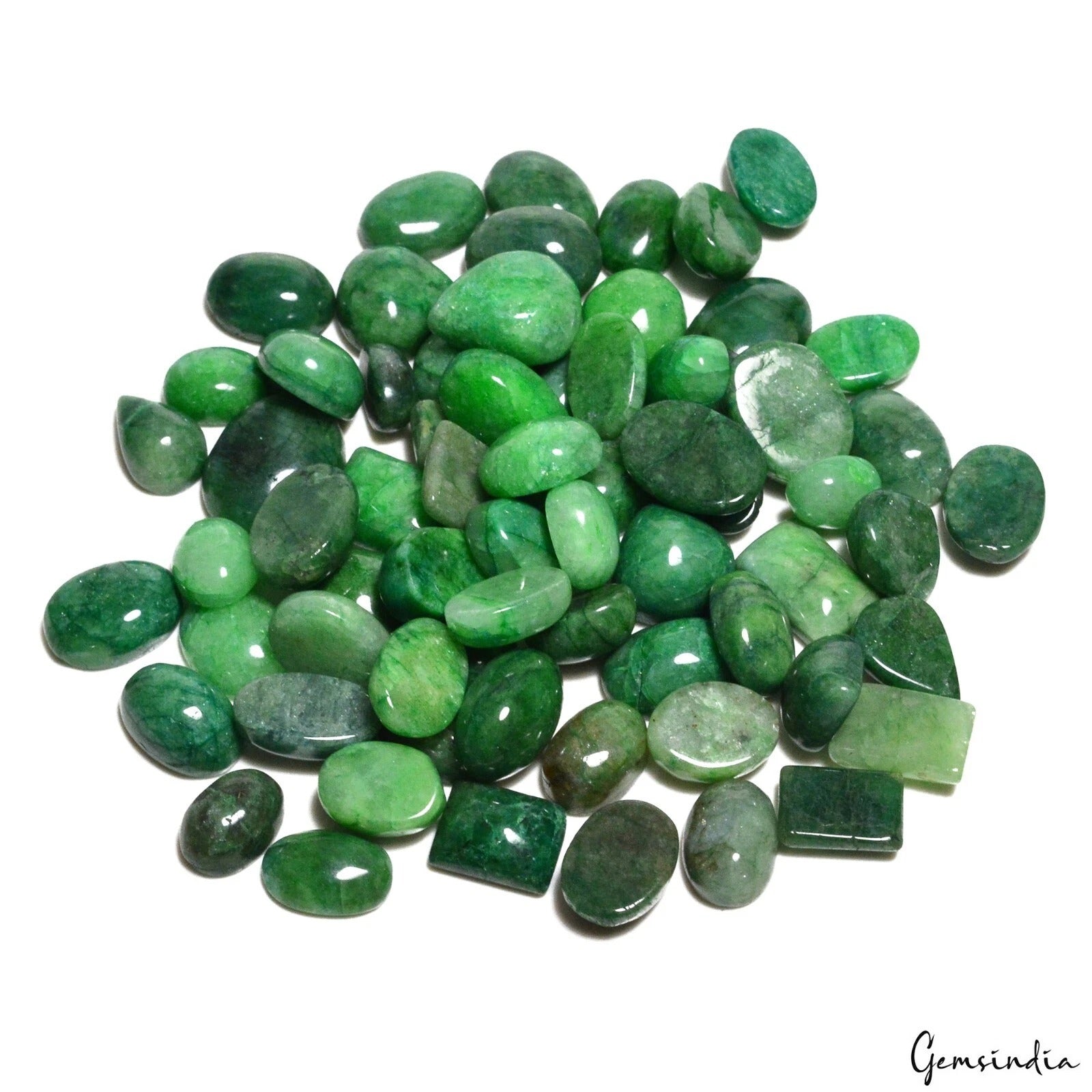 Brazilian Emerald Lot, Cabochon, Oval Pear Round Rectangular Cabochon, Color Enhanced — 66 Pieces, 10mm to 20mm, 770 Ct, Brazil