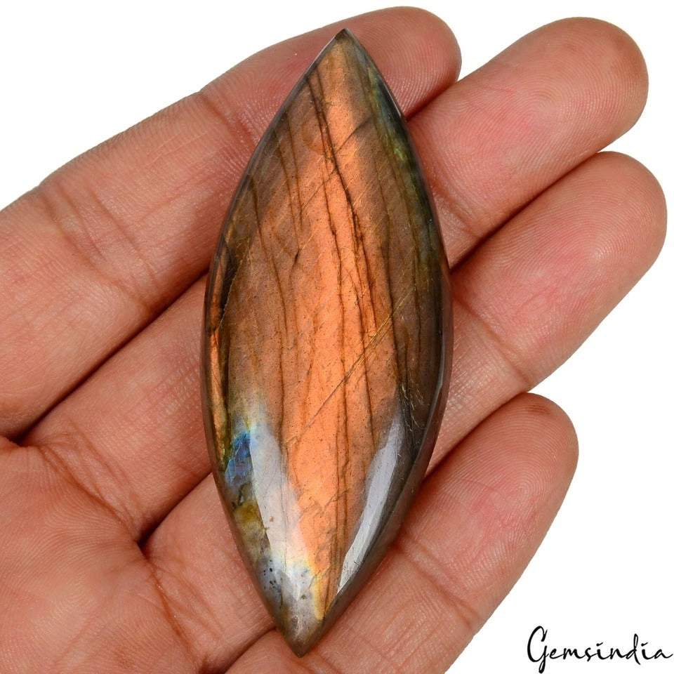 Certified 130 Cts Natural Labradorite Peach Fire Marquise Cab Gemstone 70x27mm