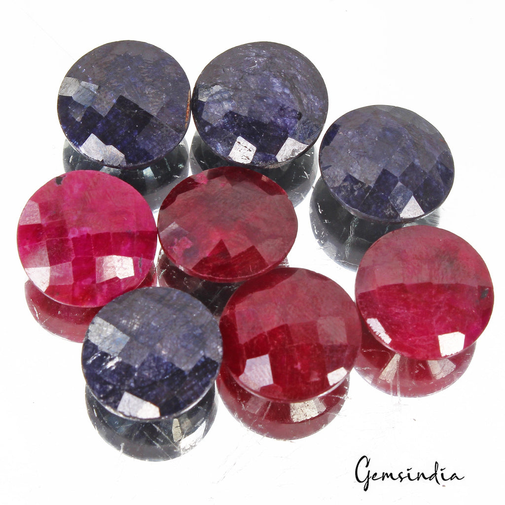 109.10 Cts/8 Pcs Natural Ruby Sapphire Round Checker Cut Calibrated 15mm Gem Lot