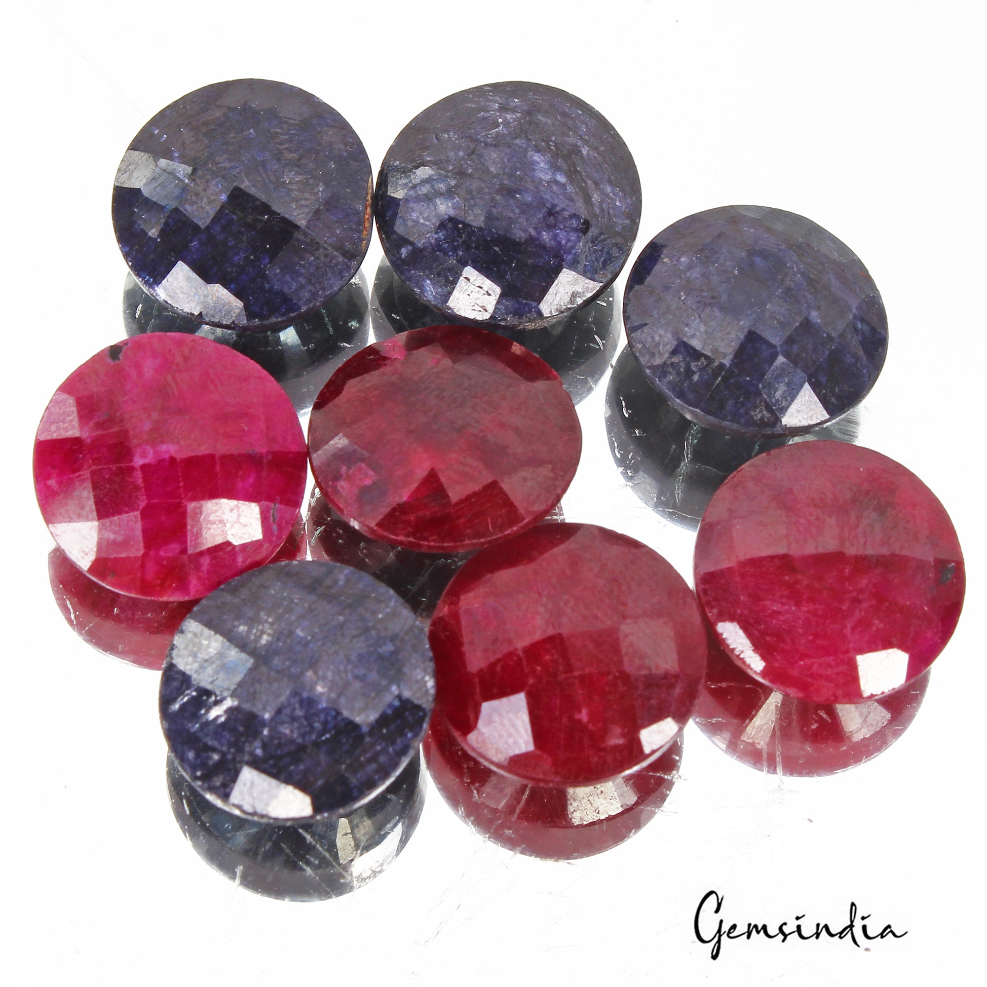 109.10 Cts/8 Pcs Natural Ruby Sapphire Round Checker Cut Calibrated 15mm Gem Lot