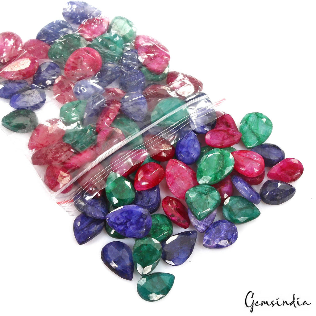500 Cts/84 Pcs Natural Red Blue Beryl Green Emerald Pear Loose Gems For Jewelry