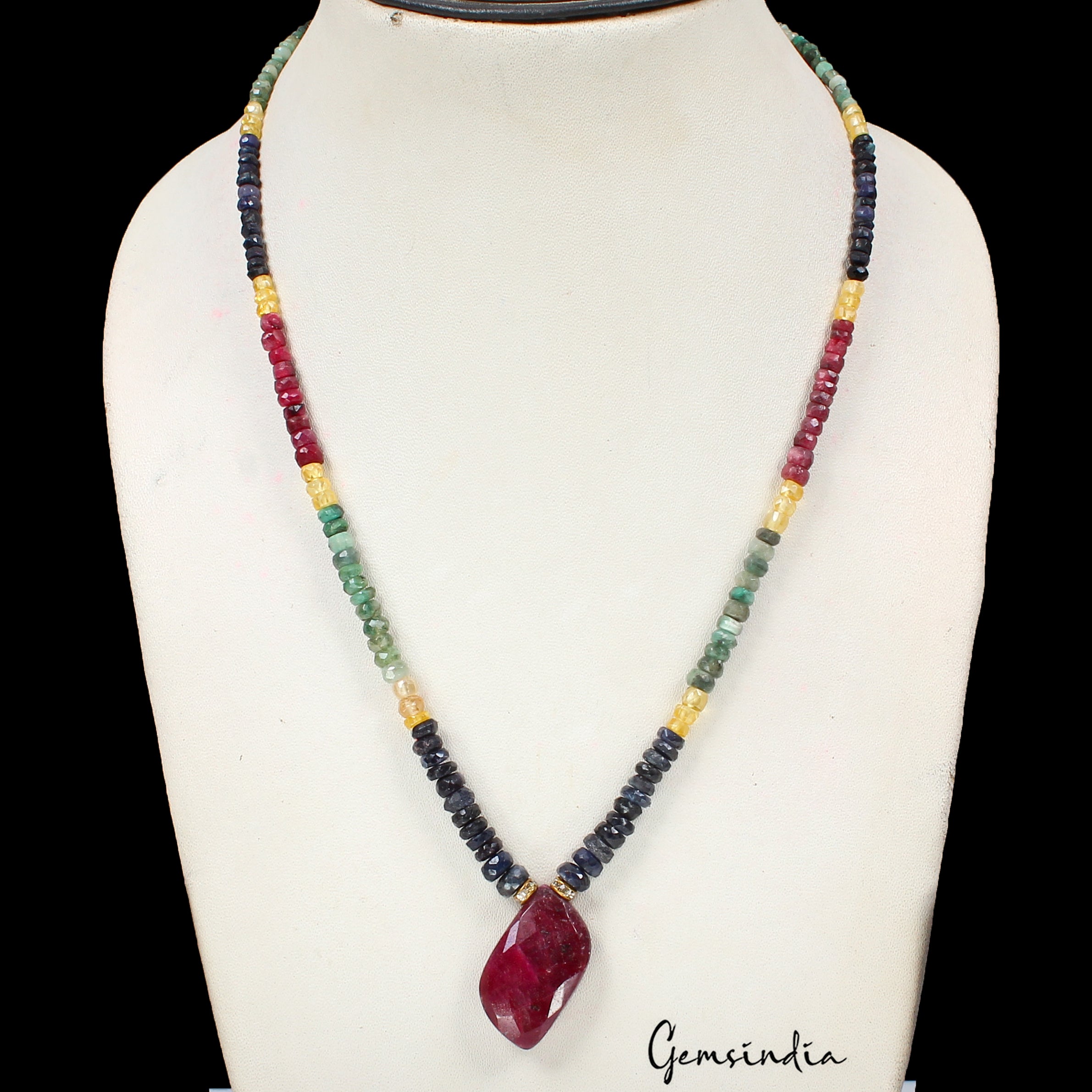One Strand Natural Emerald Ruby Sapphire Necklace Faceted Beads w/Ruby Briolette