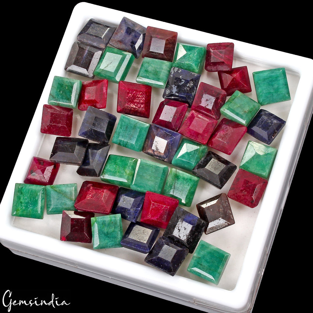 380 Ct Natural Ruby Emerald Sapphire Square Cut Wholesale Gemstone Lot 46 pcs