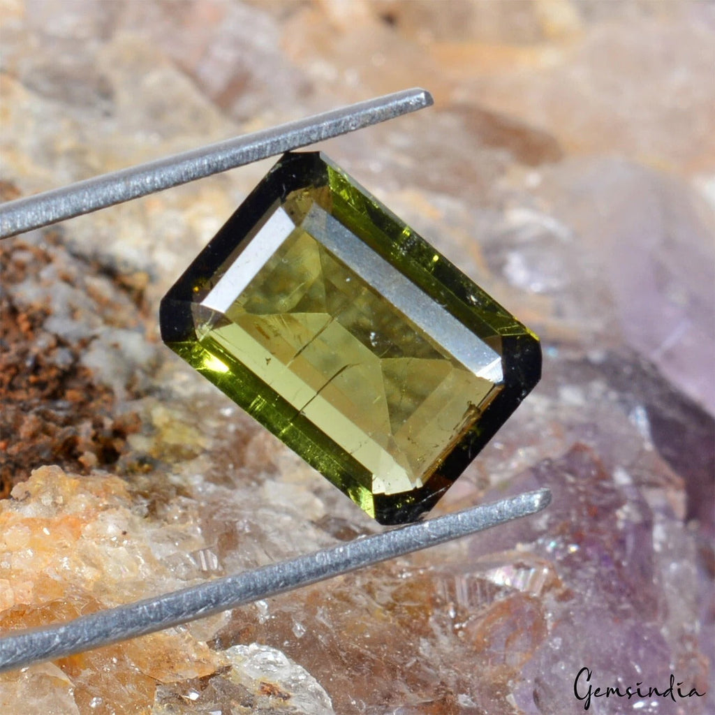Certified 5.80 Ct Natural Untreated Olive Green Tourmaline Octagon Cut Loose Gem