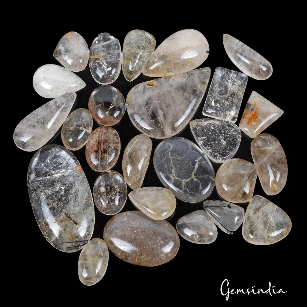 Rutile Quartz Lot, Cabochon, Untreated — 26 Pieces, 15mm to 33mm, 340 Ct, Madagascar