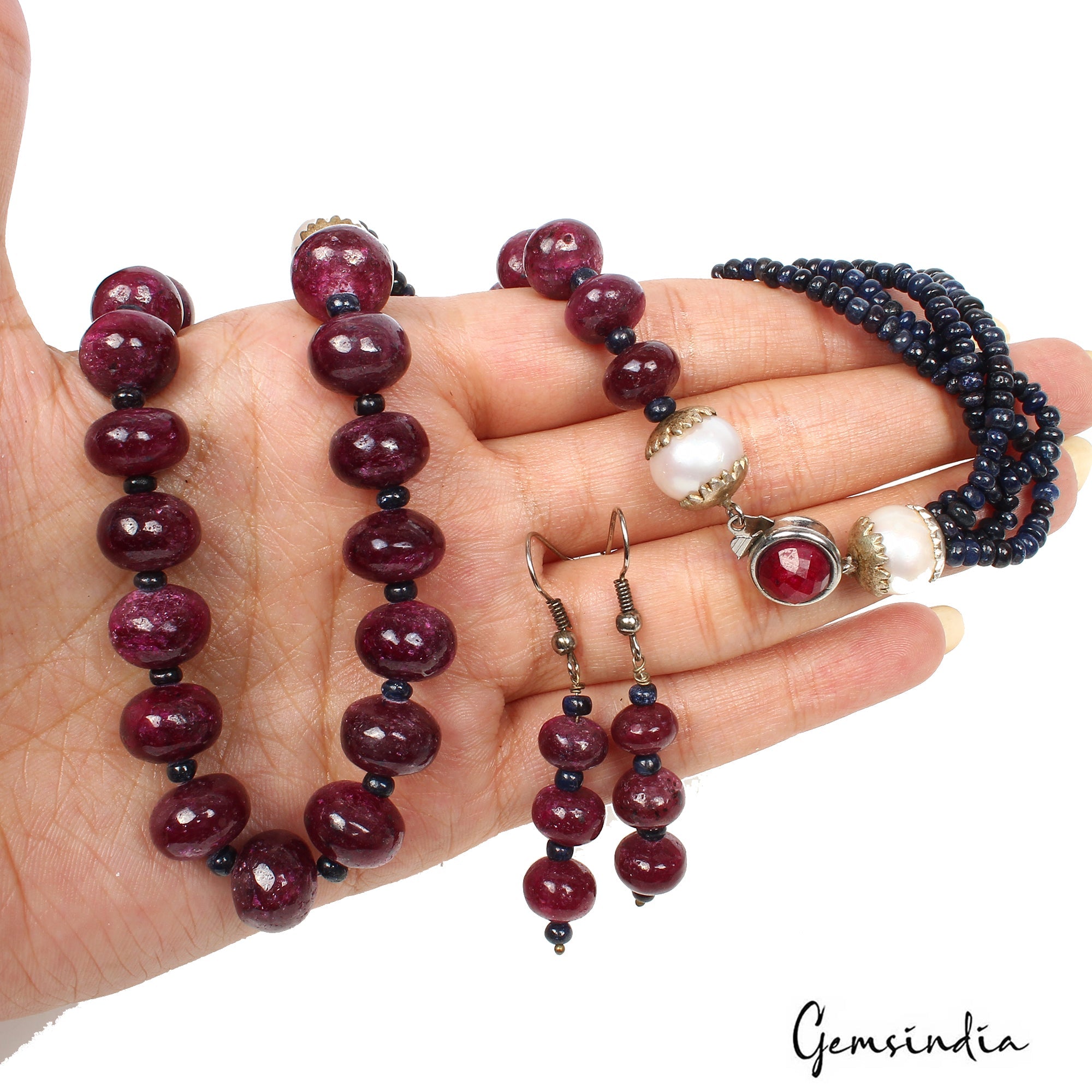 550 Cts Natural Red Ruby Blue Sapphire Round Bead Handmade Designer Jewelry Set