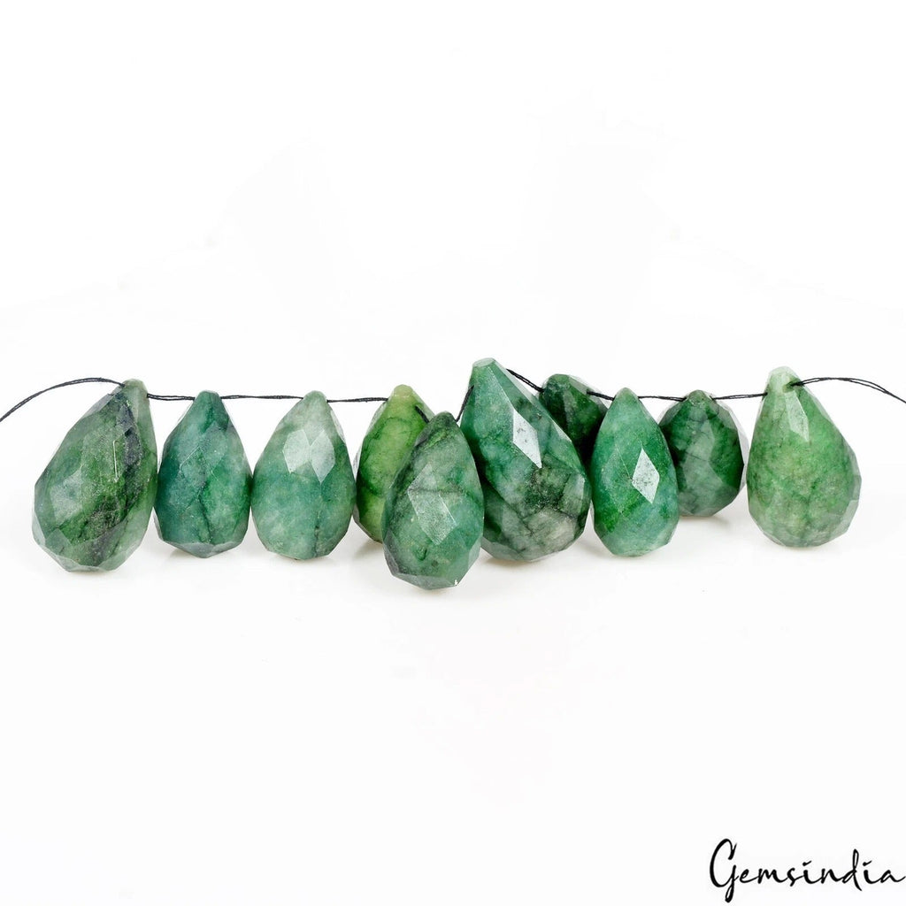 10 Pcs Natural Green Emerald Pear Checker Cut Drilled Beads/Briolettes ~300 Cts