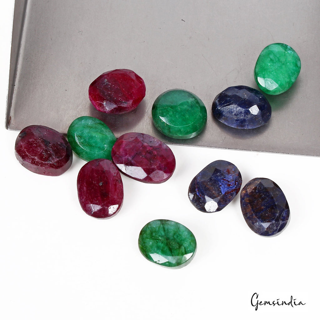 Natural Ruby, Emerald & Sapphire Oval Gemstones 139.50 Cts/11 Pcs Certified Lot