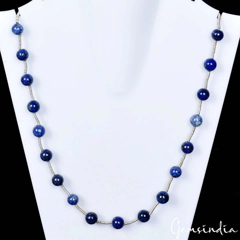 197.10 Ct Natural Blue Lapis Lazuli Round Cab Beaded Single Strand Necklace 20in