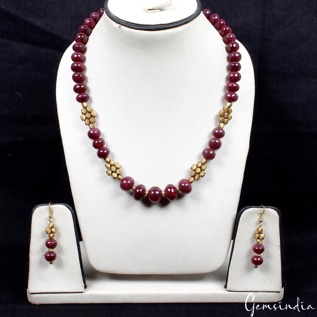 740 Ct Natural Red Ruby Gem Beaded With Golden Accessories Hand Made Jewelry Set