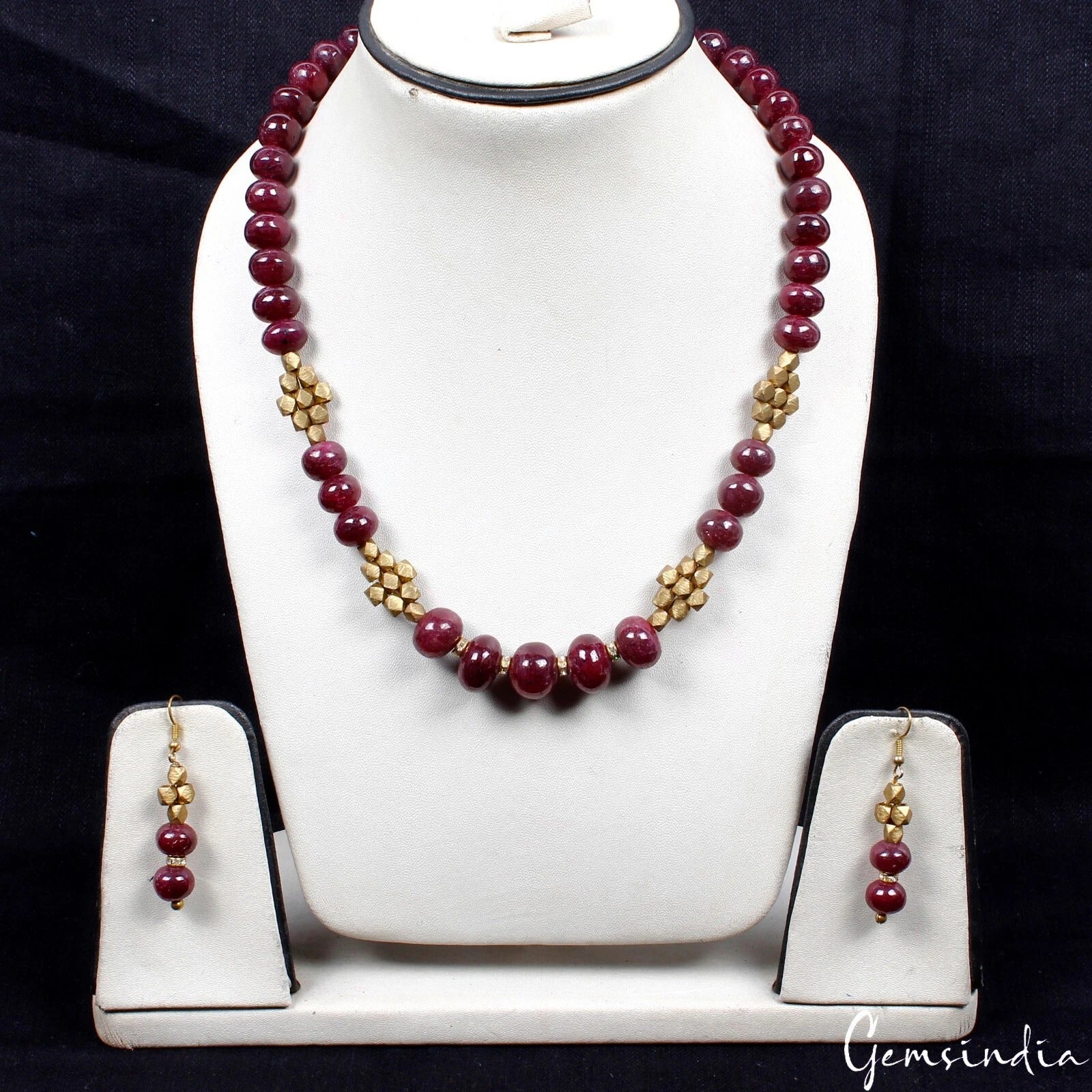 740 Ct Natural Red Ruby Gem Beaded With Golden Accessories Hand Made Jewelry Set