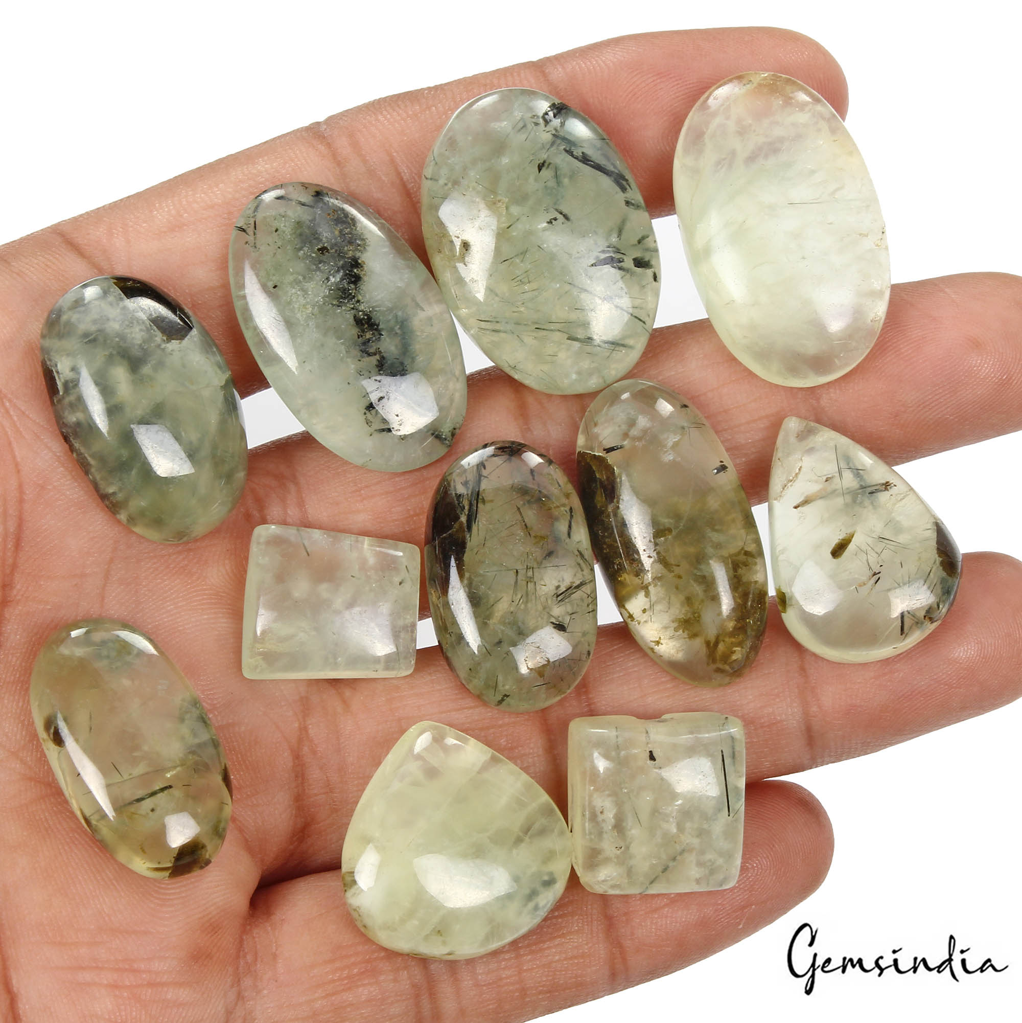 330 Ct/11 Pcs Natural Untreated Green w Black Needle Prehnite Mix Cab Loose Gems