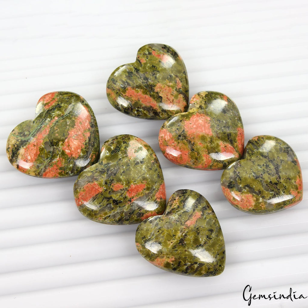 500 Cts/6 Pcs Natural Untreated Bi-Color Unakite Jasper Heart Cab Loose Gems Lot