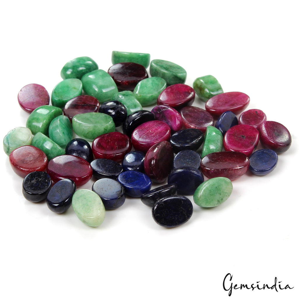 Certified 300 Ct Natural Ruby Emerald Sapphire Oval Cabochon Loose Gemstones Lot