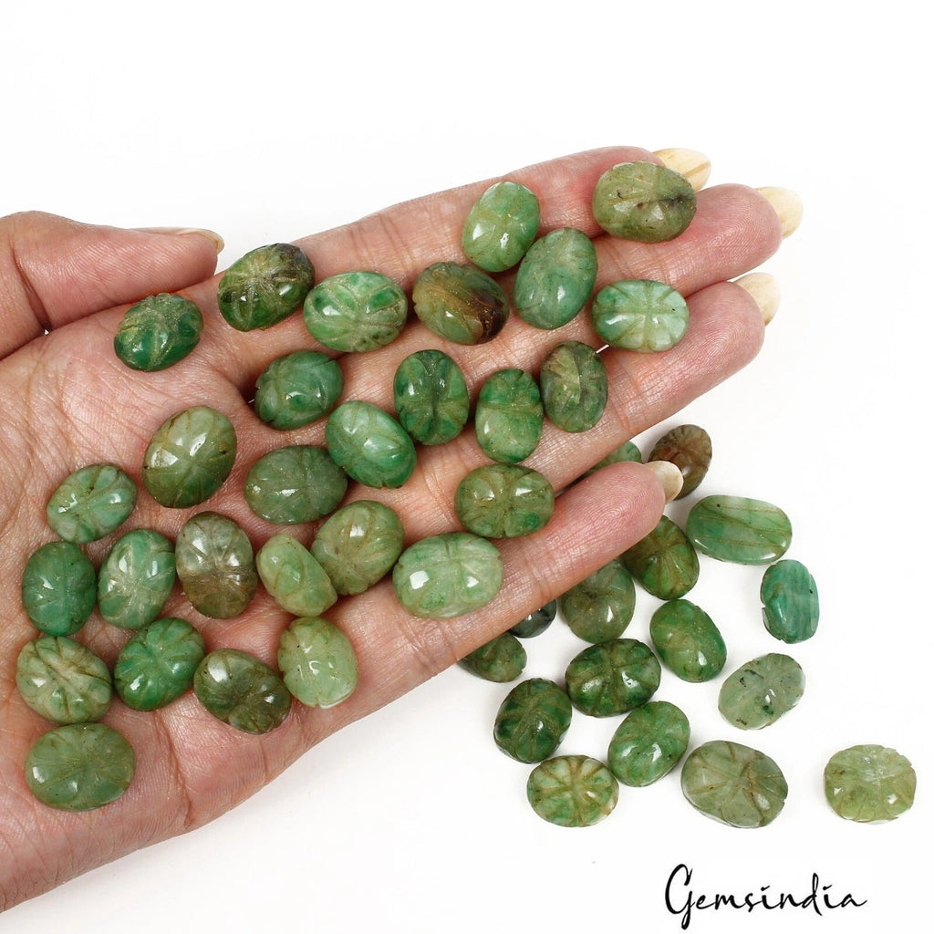 390 Ct Natural Green Brazilian Emerald Oval Cut Hand Carved Loose Gems Lot 48 Pc