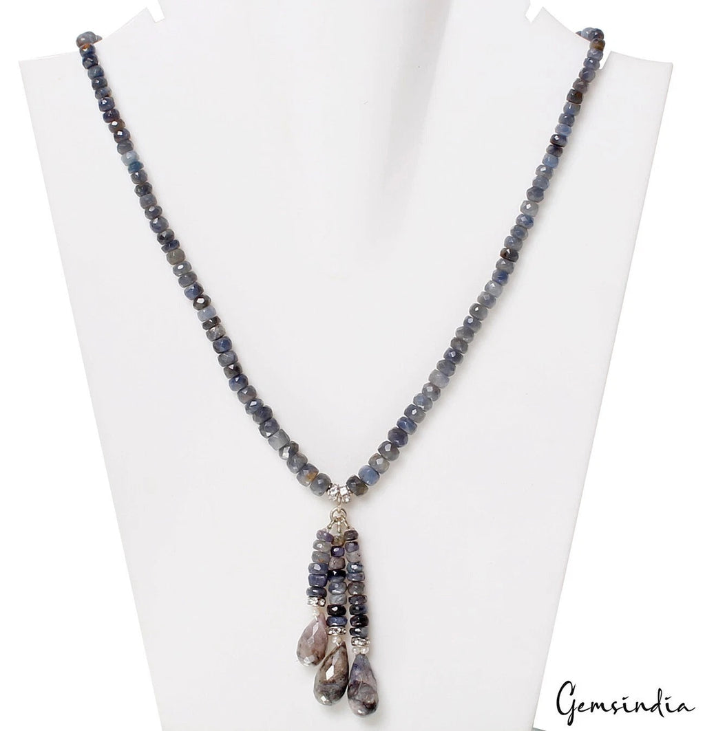 18 In Untreated Blue Sapphire Round Cut Gemstone Beaded Handmade Women Necklace