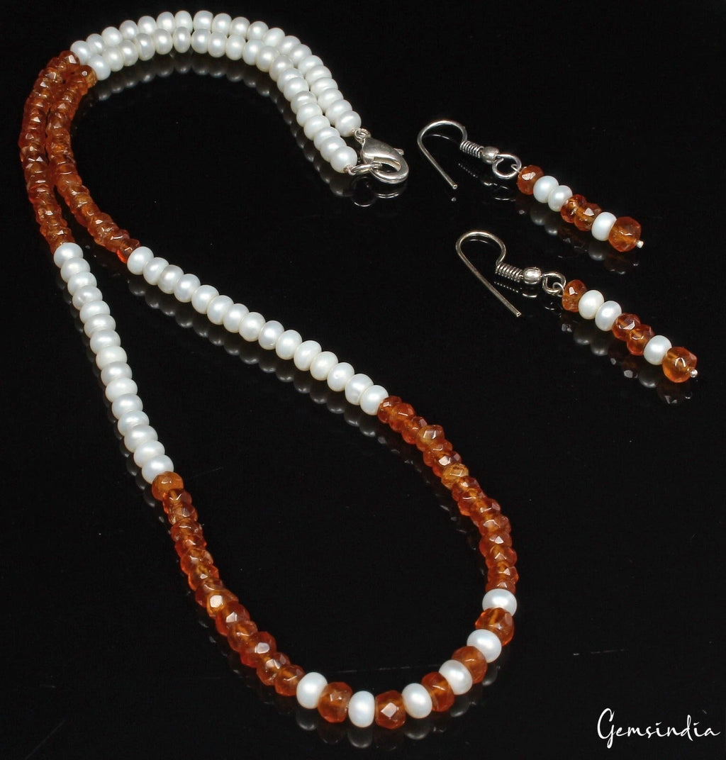 131.20 Cts Natural Brown Hessonite Garnet & Freshwater pearl Beaded Jewelry Set