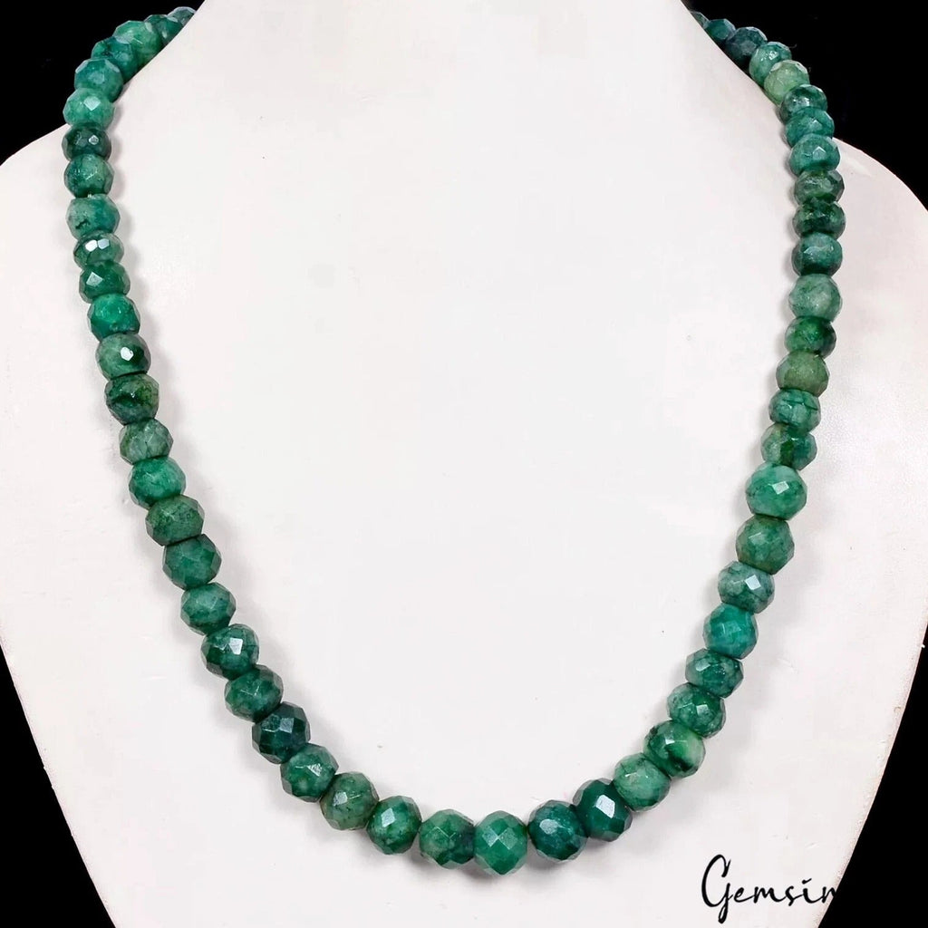 350 Ct Natura Dark Green Emerald Round Faceted Beaded Single Strand Necklace 19"