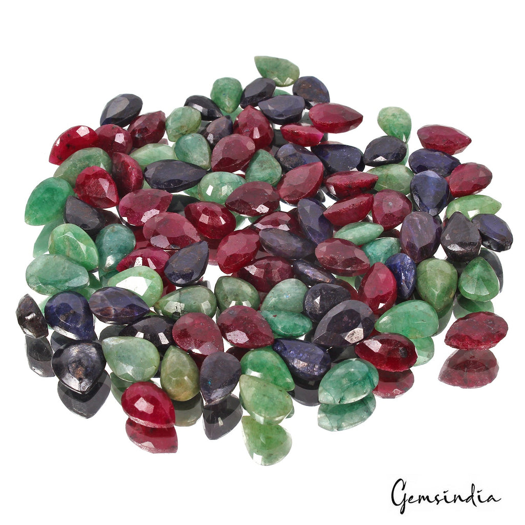 Certified 380 Cts/90 Pcs Natural Multi-Color Ruby Emerald Sapphire Pear Gems Lot